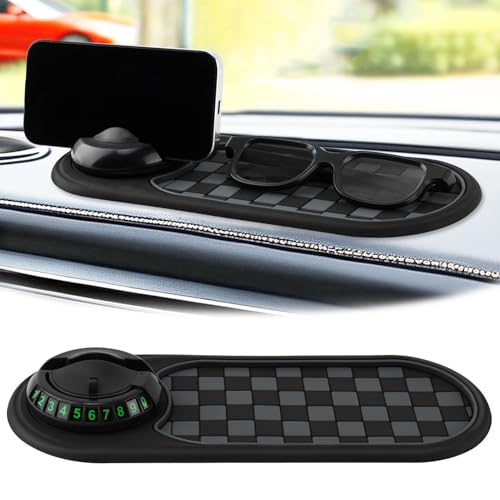Multifunction Car Anti-Slip Mat, Car Dashboard Mobile Phone Holder, Anti Slip Mat Phone Holder and Temporary Parking Number Pad - Secure Storage for Sunglasses, Keys, Gadgets - color: Black+Silver