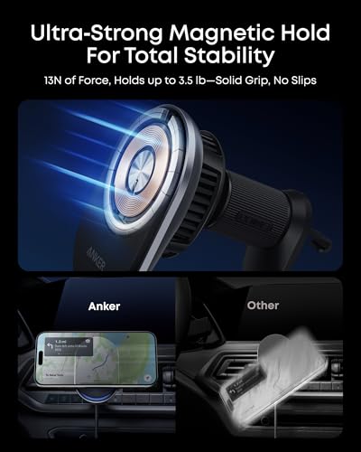 Anker Prime MagSafe Car Mount Charger, Qi2 25W Certified Wireless Car Charger with AirCool, Strong Magnets, Air Vent Mount for iPhone 17-12 Series (Check Vent Compatibility, 60W Adapter Included)