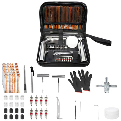 62Pcs Heavy Duty Tire Repair Kit - Universal Tubeless Tire Patch Plug Kit for Cars, Trucks, SUV, Motorcycle, Lawn Mower - Emergency Road Side Tool Set