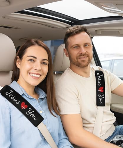 2 Pack Car Seat Strap Pads with 3 PCS Jesus Loves You Car Stickers, Universal Seatbelt Covers, Christian Car Decals for Women and Men - color: Jesus Loves You