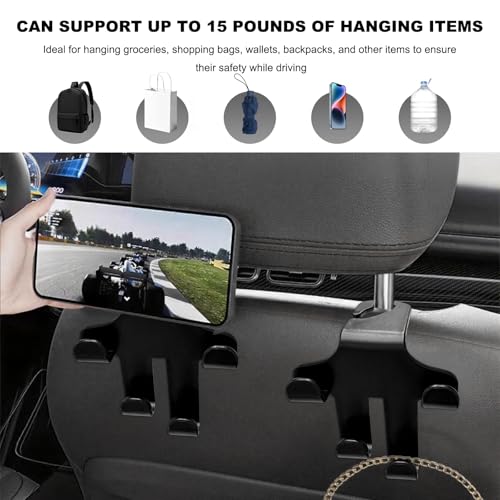 2PCS Car Seat Headrest Hooks, 4-in-1 Sturdy Car Seat Back Hanger Multifunctional Hanging Holder, Heavy Duty Auto Storage Hook Organizer for Handbags Purses Coats Grocery Bags
