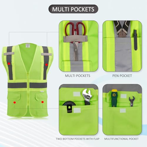 High Visibility Reflective Safety Vest with Zipper and Pockets grass green,M - color: Grass Green, size: Medium