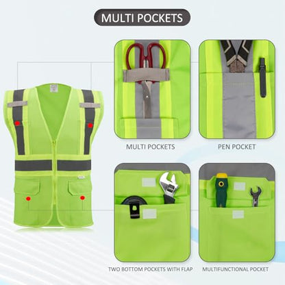 High Visibility Reflective Safety Vest with Zipper and Pockets grass green,M - color: Grass Green, size: Medium
