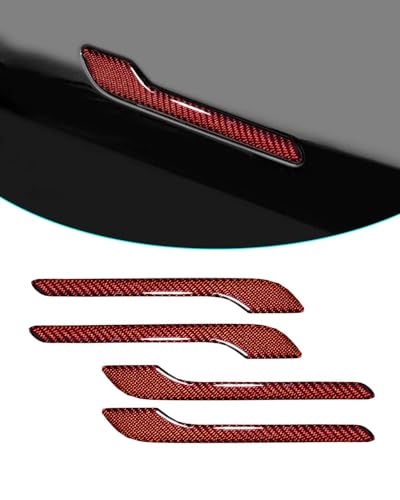 Carbon Fiber Door Handle Cover, Door Handle Protective Cover Decoration Compatible with Tesla Model Y/3 Accessories (2017-2025) Highland & Juniper Compatible (4 Pieces) (Red with drip) - style: Red with drip