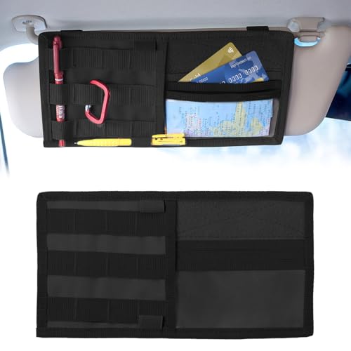Hovom Car Sun Visor Organizer with Molle Panel, Tactical Visor Organizer Storage Pouch, Multifunctional Auto Sunshade Storage Bag Pocket for Documents Cards, Interior Car Accessories (Black) - color: Black