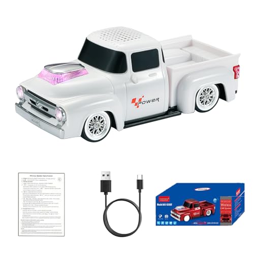 WSTER WS-538 Retro Pickup Truck Bluetooth Replica Speaker – Portable Wireless Car Model Speaker with FM, TWS, LED Party Lights, USB/TF Playback, Built-in Microphone, Type-C, Surprise Gift(White) - color: White