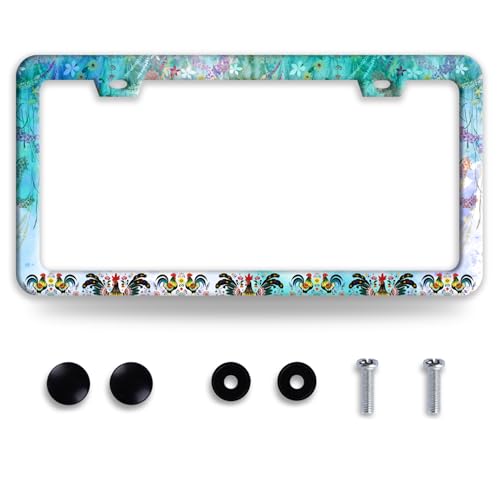 Colorful Chicken Flowers License Plate Frame Funny Animal License Plate Frames Stainless Steel Accessories Cars Decor with 2 Holes and Screws Fits Standard Us Ca Vehicles Holder 12.2 X 6 Inch - color: Colorful Chicken Flowers