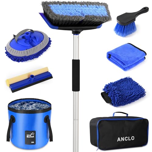 62'' Car Wash Brush with Long Handle, Scratch-Free Car Wash Mop Kit with Car Wash Bucket, Wheel Tire Brush, Wash Mitt Towel, Windshield Squeegee, Car Cleaning Brush Kit for Cars RV Truck Boat