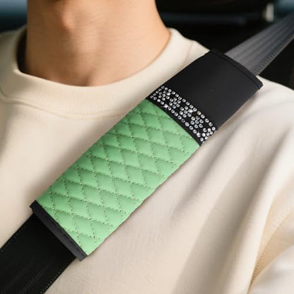 wuyaoyao 2PCS Bling Car Seat Belt Cover Pad, Breathable Leather Seatbelt Covers for Cars, Soft Comfortable Seatbelt Shoulder Strap Covers, Rhinestone Auto Seat Belt Protector Cushion (Green) - color: Green