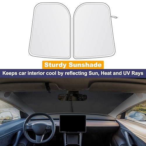 EcoNour Two-Piece Foldable Front Windshield Sun Shade for Tesla Model 3 & Y 2017–2026, 240T Reflective UV & Heat Protection, Storage Pouch Included, Custom Fit with Upgraded Design - size: Custom Size - Tesla Model-3 & Model-y