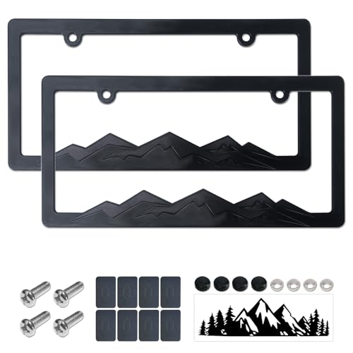 Mountain License Plate Frames- Black on Black 3D Mountain Raised, ABS Plastic Car Tag Holder | Includes Rust-Proof Screws, Caps & Free Vinyl Decal Sticker - color: Black