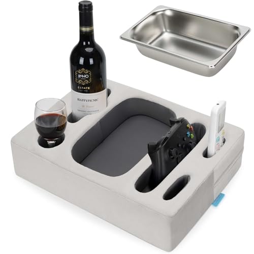 INNO STAGE Couch Cup Holder Pillow - Sofa Cup Holder with Stainless Steel Bowl Couch Drink Caddy Remote Snacks Cozy Mug Cupholder Buddy for Bed, Car, Man Cave, Rv, Tv, Backseat (Silver) - color: SliverGrey, size: 15.5 x 11.3 inch