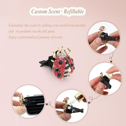 ORIESSE Ladybug Car Accessories,2pcs Red Bling Lady bug Air Vent Clips Car Air Freshener,Cute Dashboard Decorations Gift for Women,Girly Refillable Diffuser with Felt Pads