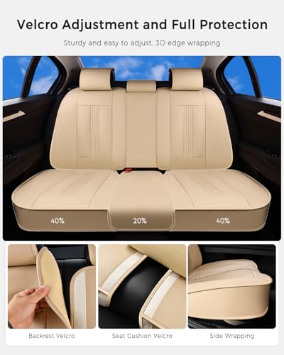 Huidasource Beige Rear Seat Cover, Nappa Leather Back Seat Cover with Ventilation Holes, Velcro Adjustable, Compatible with Seat Belts, Child Safety Seats, Fit for Most Cars SUV Truck, Beige - color: R# Beige, size: Back Seat Cover