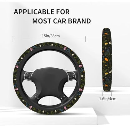 Floral Steering Wheel Cover Elastic Non-Slip Car Steering Wheel Covers with Seat Belt Shoulder Pad for Women Men - color: Floral