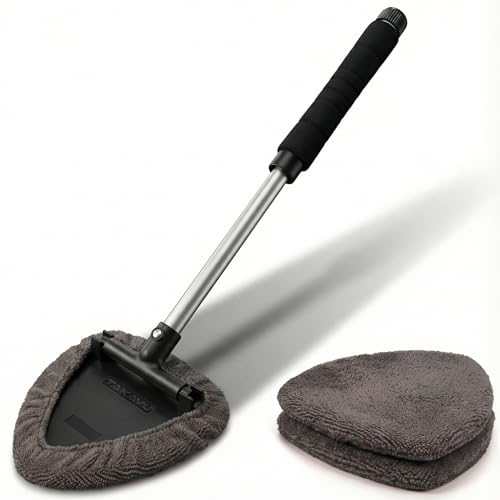 TAKAVU Car Window Cleaning Tool, Windshield Wiper Cleaner with Extendable Long-Reach Handle, 3 Washable Reusable Microfiber Bonnets, Car & Home Inside Interior Exterior Use - Lint Free (Grey) - color: Black & Grey