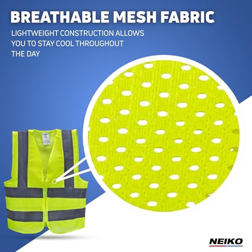 NEIKO Mesh Safety Vest, High Visibility Vest, Reflective Strips, Zipper Front, Reflective Vest For Men & Women, Work Vest, Security Vest, Hi Vis Mesh Neon Yellow Vest 4X-Large 54077A - size: 4X-Large, style: Mesh