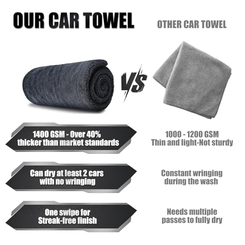 24"x36" Car Drying Towel, 1400GSM Microfiber Towel for Cars, Twisted-Loop Drying Towel Car Detailing, Double Sided Super Absorbent, No Water Spots, Label-Free Design Car Towel