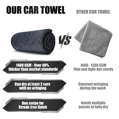 24"x36" Car Drying Towel, 1400GSM Microfiber Towel for Cars, Twisted-Loop Drying Towel Car Detailing, Double Sided Super Absorbent, No Water Spots, Label-Free Design Car Towel