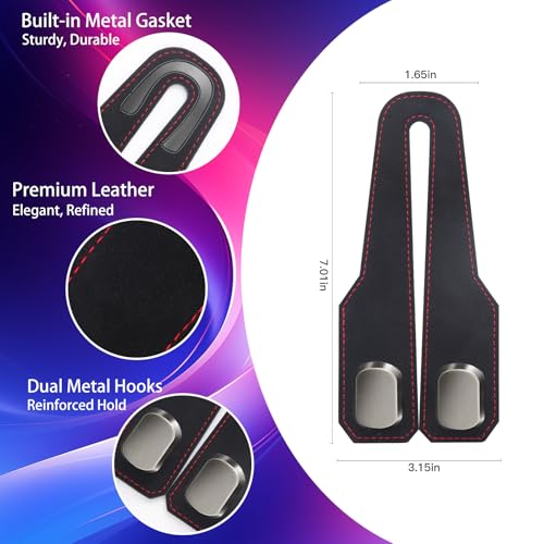 2Pcs Car Headrest Hooks with Premium Leather, Upgraded Double Metal Hooks with Anti-Drop Design, Universal Back Seat Hanger for Bags, Coats, Purses and Groceries (Stylish Black) - color: Stylish Black 2Pcs