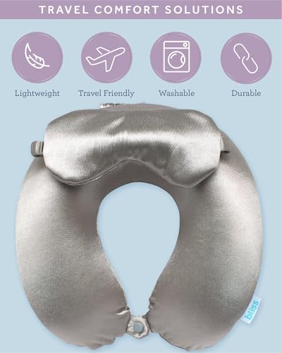 Bliss Neck Pillow Set - Lightweight U-Shaped Memory Foam Satin Travel Neck Pillow with Snap Closure and Matching Eye Mask for Airplane, Car, Office, and Camping, Silver - color: Silver