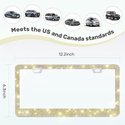 QUANQIUFEI 2 Pack Bling License Plate Frames, Sparkly Rhinestone Diamond Car License Plate Cover for Women, Stainless Steel Car Accessories with Glitter Crystal Caps (Golden) - color: Golden