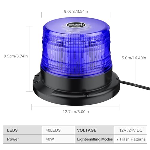Justech 40LED Magnetic Strobe Light, 7 Flash Patterns Flashing Warning Light High Visibility, IP65 Waterproof Emergency Beacon with 16ft/5m Straight Cord for 12-24V Snow Plow Trucks Vehicles (Blue)