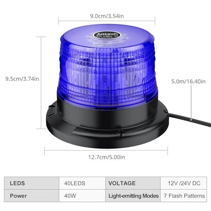 Justech 40LED Magnetic Strobe Light, 7 Flash Patterns Flashing Warning Light High Visibility, IP65 Waterproof Emergency Beacon with 16ft/5m Straight Cord for 12-24V Snow Plow Trucks Vehicles (Blue)