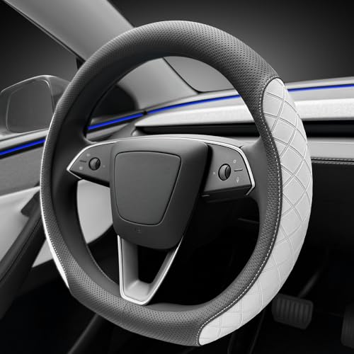 LKWLIKEI Leather Steering Wheel Cover. Elegant Diamond Checkered Design, Non-Slip and Breathable, for Tesla Model 3/Y Steering Wheel Protector,Black White - color: Black White