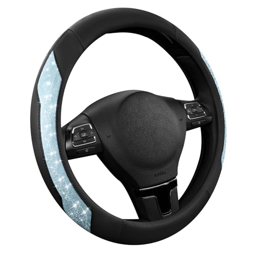 PIC AUTO Steering Wheel Cover, Light Blue Sparkly Crystal Bling Glitter with Leather, Universal Fit 14.5"-15.5" Steering Wheels for Girls & Women, Anti-Slip Wheels Cover for Cars, Trucks, Van, SUVs - color: Light Blue Glitter
