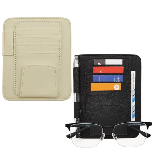 SENHAI Car Sun Visor Organizer for Car, 2 Pcs Small Leather Car Card Sleeve Pocket Organizer, Car Visor Organizer Storage Pouch for Hold Card, Sunglass Holder, Pen (Beige & Black)