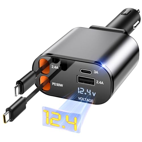 Retractable Car Charger Adapter for iPhone 17,4 in 1 Fast Charging Car Phone Charger,69W USB C Car Truck Accessories,Road Trip Essentials Gift for Men Women for iPhone 17/16/15/14/13/12,Galaxy S25 - size: Cords for Apple+type-c(digital Display)