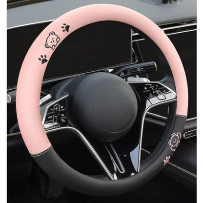 15 Inches Universal Round Leather Car Steering Wheel Cover, Cute Bear Soft Breathable Non-Slip Steering Wheel Protector Wrap (Pink-Black) - color: Pink-Black