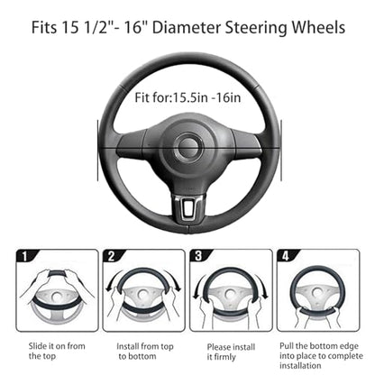 Black Genuine Leather Car Steering Wheel Cover Men Women,Cowhide Wheel Cover,Soft,Breathable,Anti-Slip,Luxury Steering Wheel Cover,Large Size 15.5-16 inch(L) - size: Large Size[15 1/2''-16'']