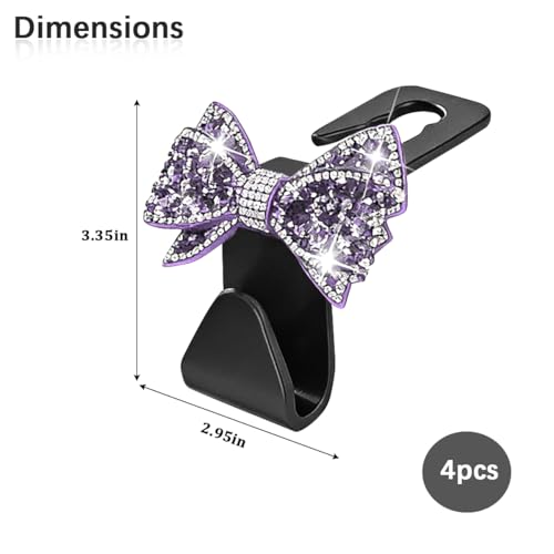 Zpana Bling Car Headreat Hook, 2PCS Crystal Rhinestone Cute Bow Vehicle Seat Back Hanger Storage for Purses Bags Grocery, Diamond Auto Rear Seat Organizer, Universal for SUV Truck Sedan (Purple) - style: Purple/4PCS