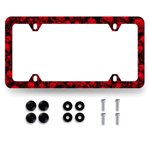 Red Skulls License Plate Frame Skull Blood Drips Pattern License Plate Holder Colorful Stainless Steel Skull Car Accessory Funny License Plate Decoration Size 12.2" x 6.2" with Screws - color: Red Skulls and Blood Drips Pattern