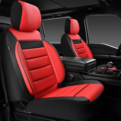 CAR PASS Leather Car Seat Covers Front Seats Only, Universal Fit Automotive Interior Waterproof 3D Foam Back Support Car Seat Covers for Trucks Vans and SUVs Airbag Compatible 2 Pieces （Black Red - color: Red Front