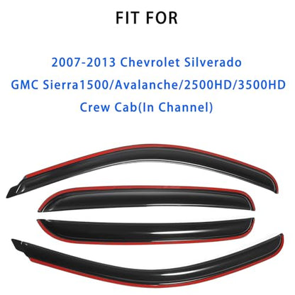 in-Channel Window Deflectors Rain Guards 2007-2013 Chevy Silverado & GMC Sierra 1500/2500HD/3500HD Crew Cab, 4 Piece Set, Smoke Tint, OEM Style, No Exterior Tape Needed (Front & Rear) - size: For Silverado/Sierra Crew Cab 07-13 In Channel