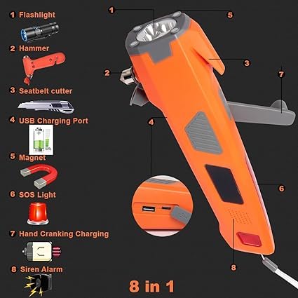 LUXON Car Emergency Escape Tool 8-in-1,Car Safety Tool:Window Breaker,Seat Belt Cutter,LED Flashlight,USB Charger,SOS Light,Hand Cranking Charge,Magnetic,Siren Alarm - color: Orange, size: 2 Count(Pack of 1)