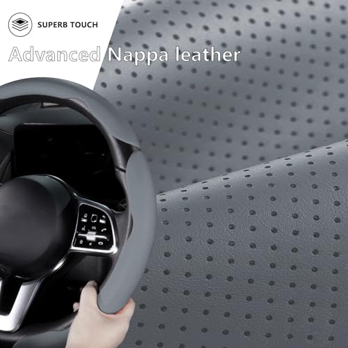 Car Steering Wheel Cover Leather Snap On 3Pcs Set Non-Slip Protector Wrap Steering Wheel Accessories 14.5-15 inch Universal Gray - color: Gray