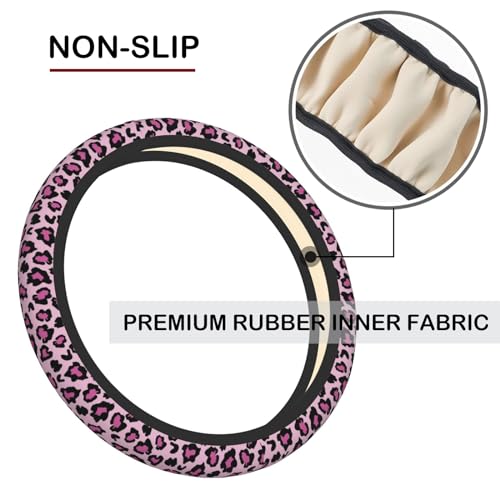 Pink Leopard Print Elastic Steering Wheel Cover, Non-Slip Breathable Neoprene Steering Wheel Covers, Women Pink Car Accessories, Universal 15 Inch Fit Auto, Suvs, Truck - color: Pink Leopard Print