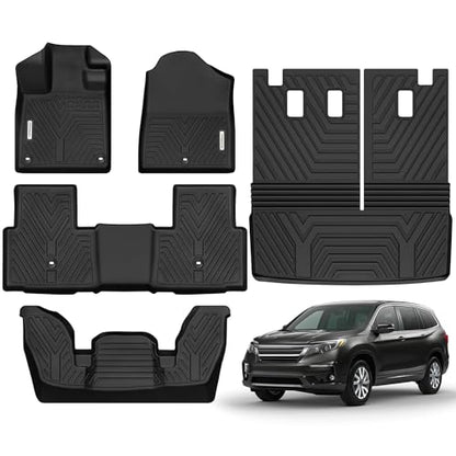 YITAMOTOR Floor Mats Compatible with 2026 2025-2023 Honda Pilot 7-Seater & 8-Seater, All-Weather Car Liners Custom Fit Pilot Accessories, 1st & 2nd & 3rd Row & Backrest Mats & Cargo Liner, Black - style: 2023-2026 Pilot Floor Mats&Cargo Mat