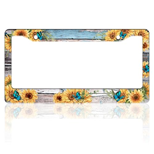 Blue Butterfly Sunflower License Plate Frame Wooden Board Flowers Animals License Plate Holder for Front or Rear Car Tags Stainless Steel Funny Car Decoration with Screws 6.3 X 12.2 in - color: Blue Butterfly Sunflower