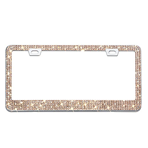 Bling License Plate Frame for Women, 1PCS Sparkly License Plate Frames| Over 1200 pcs 14 Facets Bedazzled Clear Glass Diamond Rhinestone Crystals w/Free Glitter Diamond Box (Champagne) - color: Champagne