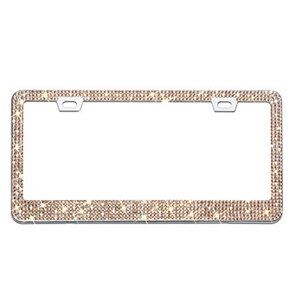 Bling License Plate Frame for Women, 1PCS Sparkly License Plate Frames| Over 1200 pcs 14 Facets Bedazzled Clear Glass Diamond Rhinestone Crystals w/Free Glitter Diamond Box (Champagne) - color: Champagne
