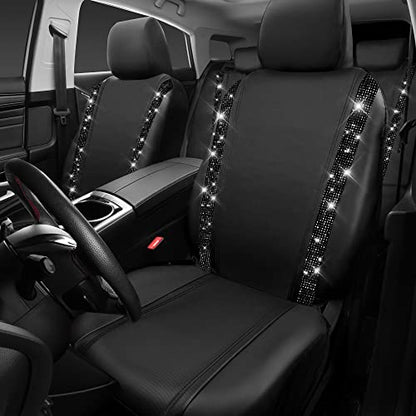 CAR PASS Bling Diamond Car Seat Covers,Shining Rhinestones Waterproof Faux Leather, 8 Seats 3 Rows with Zipper Glitter Crystal Sparkle Strips Universal Fit 95% MPV,SUV,CAR for Women Girl, Black - color: Solid Black Seats Eight, size: Full Set