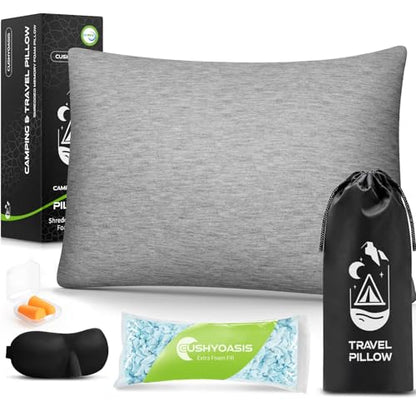 CushyOasis All-in-1 Camping Pillow Set - Shredded Memory Foam Neck Pillow Travel Pillow with Eye Mask, Earplugs, Washable Cover, Compact for Backpacking, Camping, Flights, Car Travel (Medium Size) - size: Medium