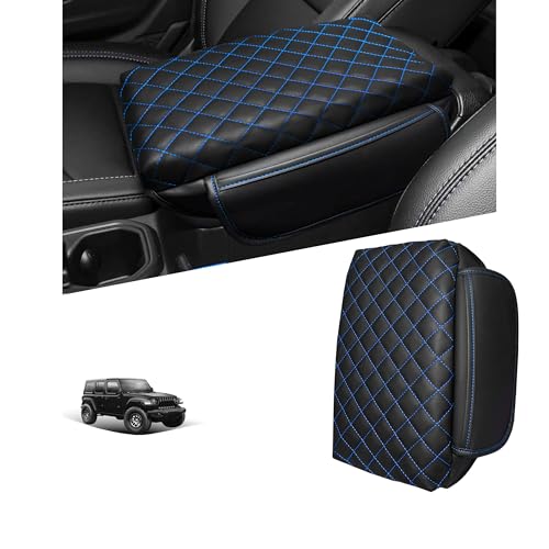Center Console Cover for Jeep Wrangler JL 2018-2026 & Gladiator JT 2020-2026 1.2in Thickness Armrest Cover Leather Arm Rest Lid Protector Cushion Pad with Stroage Pockets Interior Accessories (Blue) - color: Blue