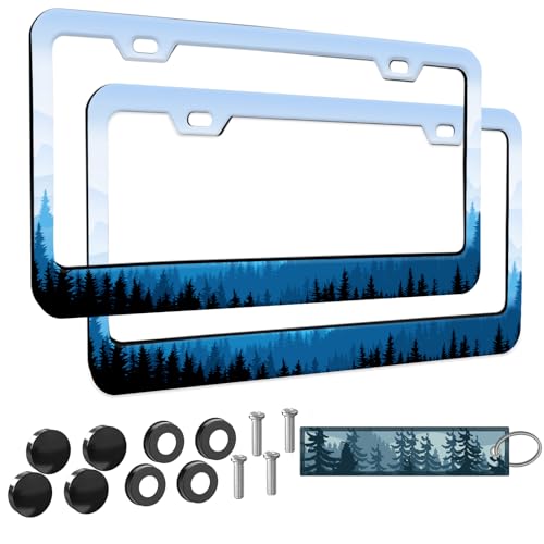 2pcs Mountain License Plate Frame for Women,Natural Pine Forest Mountain Horizon Landscape car Decorative tag Frames Girly,Blue Botanical License Plate Cover Holder for Vehicle with car Keychain tag - color: for Natural Pine Forest Mountain