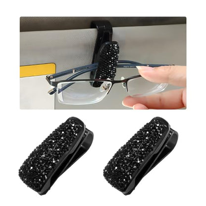 Wevdn 2 PCS Car Sun Visor Glasses Holder, Fashion Bling Car Eyeglasses Sunglasses Hanger for Women Girls, Glasses Holder Clip Hanger Mount with Ticket Card Clip, Car Accessories (Black) - color: Black